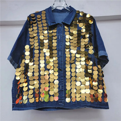 🍒Spring summer women Y2K style niche fashion chic large sequined short sleeve shirt and matching wide leg pants set clubwear party outfit Theirs Gold In Silver