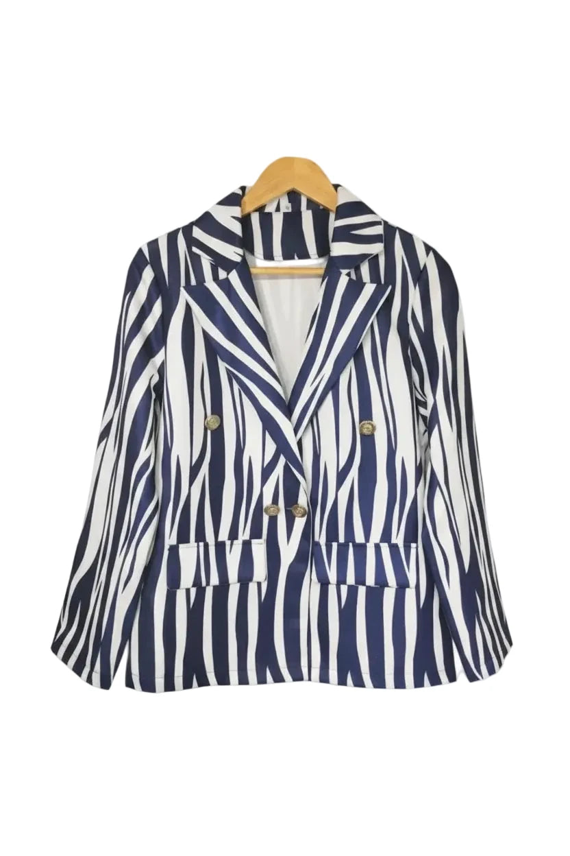 🍒Vintage striped blazer three quarter sleeve suit jacket women’s long sleeve double breasted jacket commuter smart casual outer wear plus size fashion striped clothing Stripe Lucky