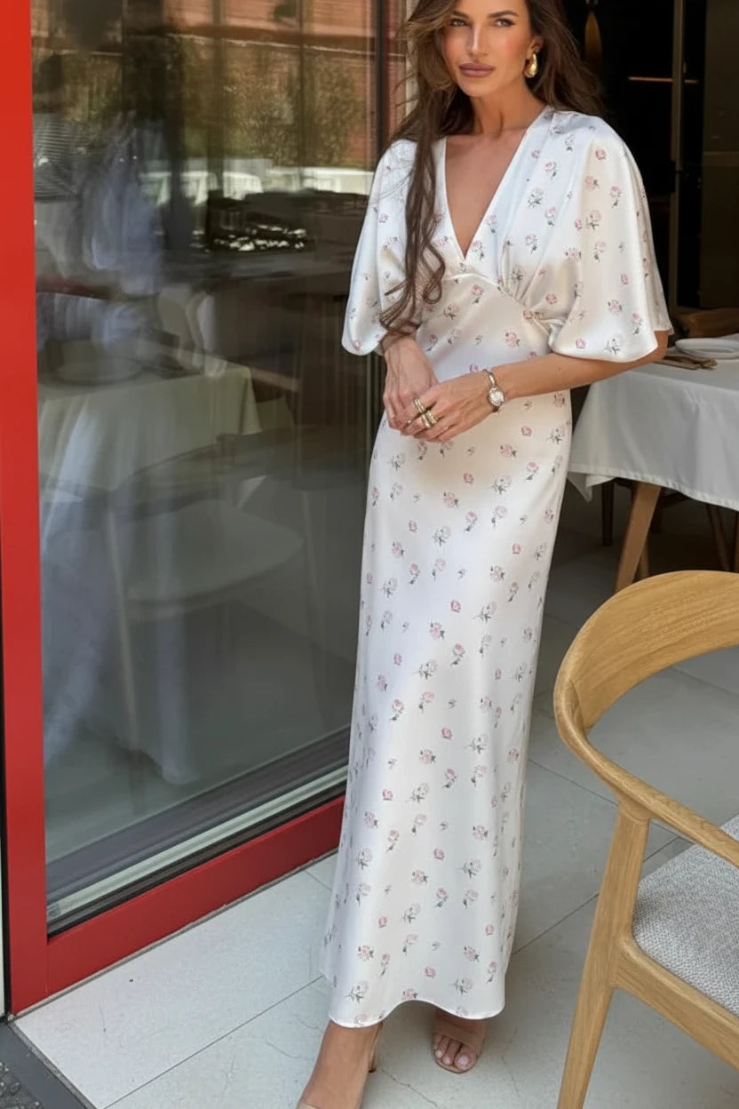 🍒Wit blomme satyn maxi rok vir vroue gemaklik of geleentheid trougas strandvakansie uitrusting blomme gedrukte V-nek rok vroue mode skraal pasmiddellyf kort vlindermou lang somerdrag met kort moue hoë middellyf oulike gemaklike geleentheid