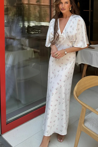 🍒Wit blomme satyn maxi rok vir vroue gemaklik of geleentheid trougas strandvakansie uitrusting blomme gedrukte V-nek rok vroue mode skraal pasmiddellyf kort vlindermou lang somerdrag met kort moue hoë middellyf oulike gemaklike geleentheid