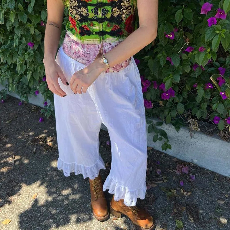 🍒Cottage feetjie wye-pypbroek Y2k esteties 00s retro hoë-middellyf kuitlengte broek Vintage sitkamer lospas gerimpelde soom broek vroulike modeklere vir vroue Kom knus in 'n feetjiehuisie