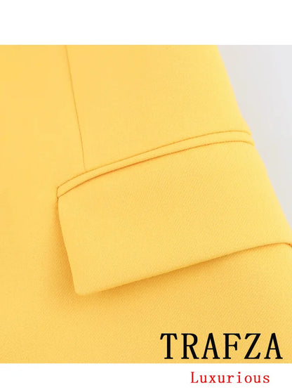 🍒ladies office trouser suit yellow colour solid set v double breasted  jacket with pockets blazer + flared loose pants vintage suits women                                        CAN this v -ARY quick