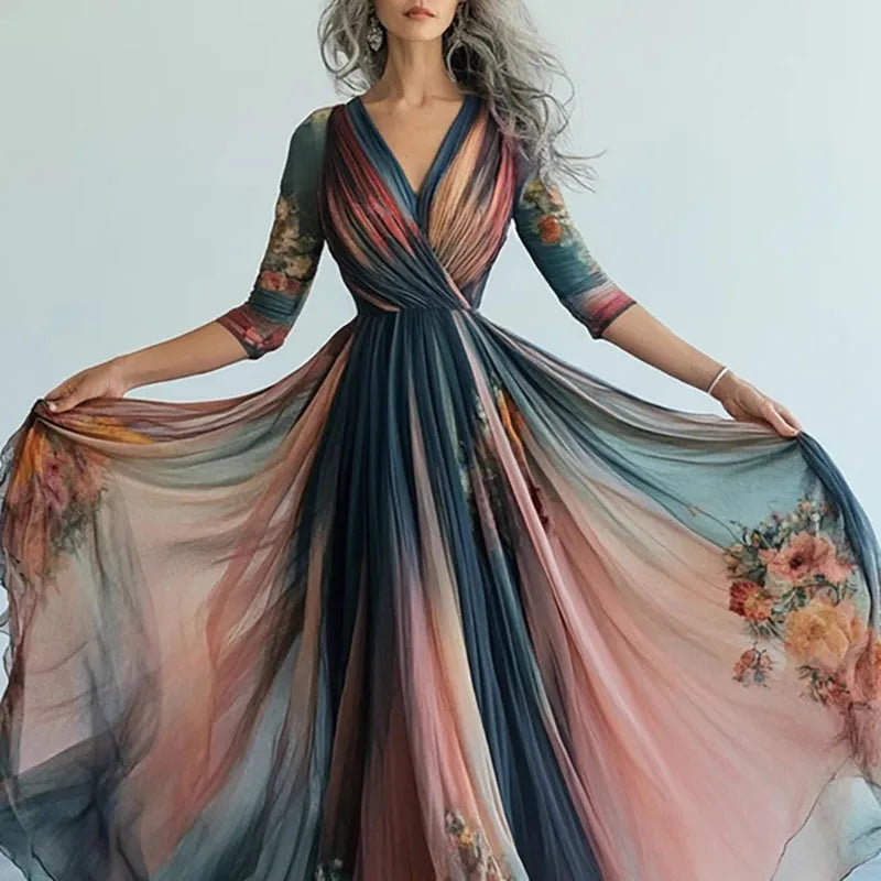 🍒Print swing dress pleated v-neck outfits high waist maxi dress long-sleeved boho fashionv vacation dress long sleeve Get A Girly Swirl