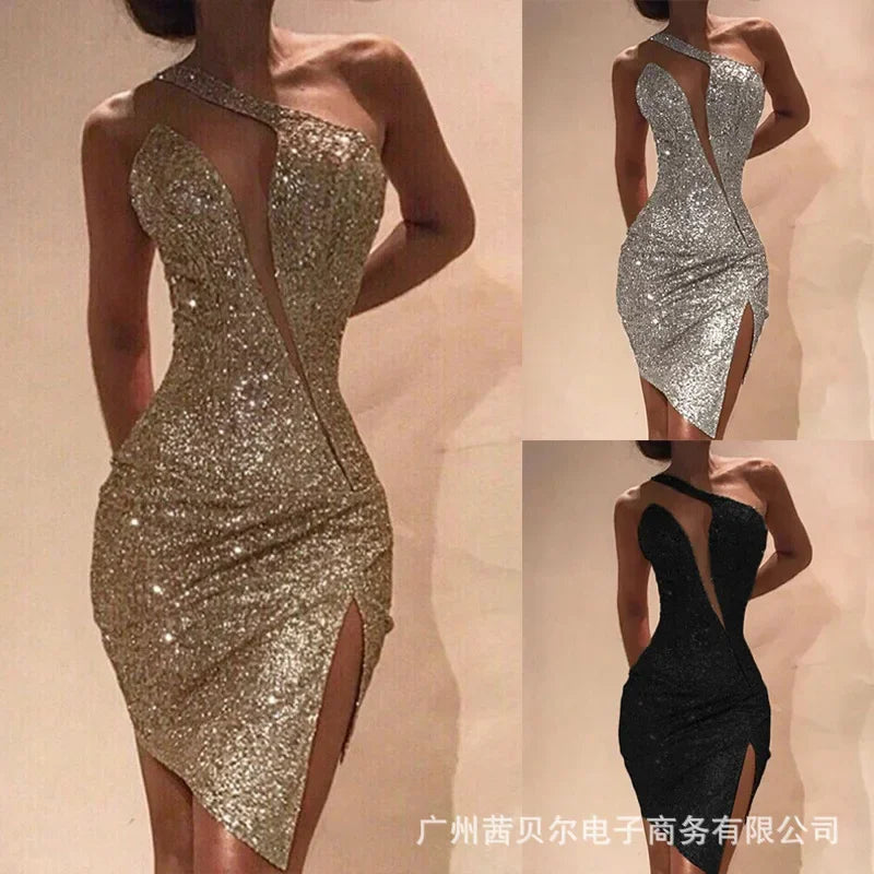 🍒One shoulder dress with slit in front women bodycon sleeveless high waist bodycon backless mini outfit golden backless occasion party fashion Get An Angle On Gold Fashion