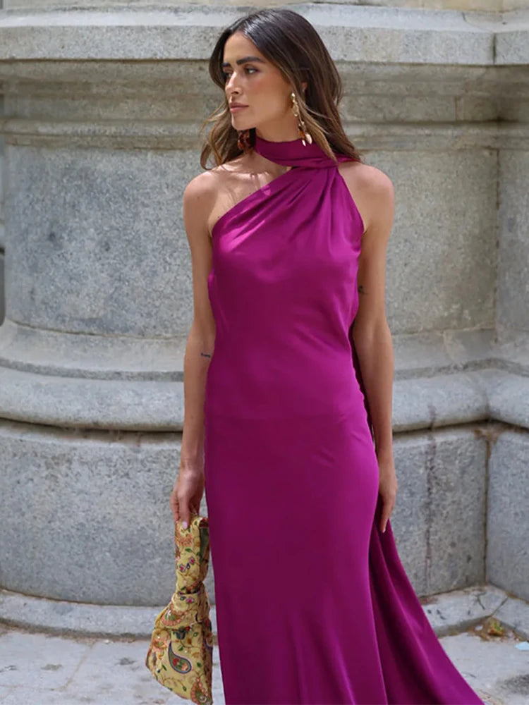 🍒Satin halter neck dress with scarf collar maxi dresses for women sleeveless backless long dress holiday wear evening party outfits Get Ready For A Trail Of Compliments