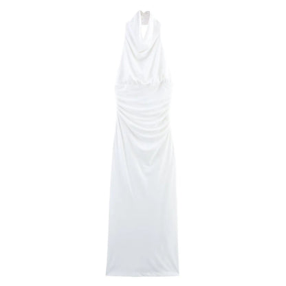🍒Style sleeveless dresses solid backless halter Fold Decorate Button zipper Female Summer Slim Long Dress 3 Color