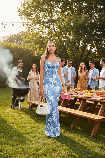 🍒Spaghetti strap foral bodycon  dress with balconette womens flower outfit for summer party club long dresses for women No Fork For This Fish Dish