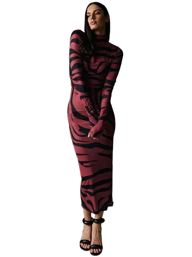 🍒Rooi gestreepte lang rok dames noupassende skilpadnek sebraprint maasuitrusting klubdrag partytjie geleentheidsdrag klere                       Catwalk Your Tiger