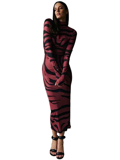 🍒Rooi gestreepte lang rok dames noupassende skilpadnek sebraprint maasuitrusting klubdrag partytjie geleentheidsdrag klere                       Catwalk Your Tiger