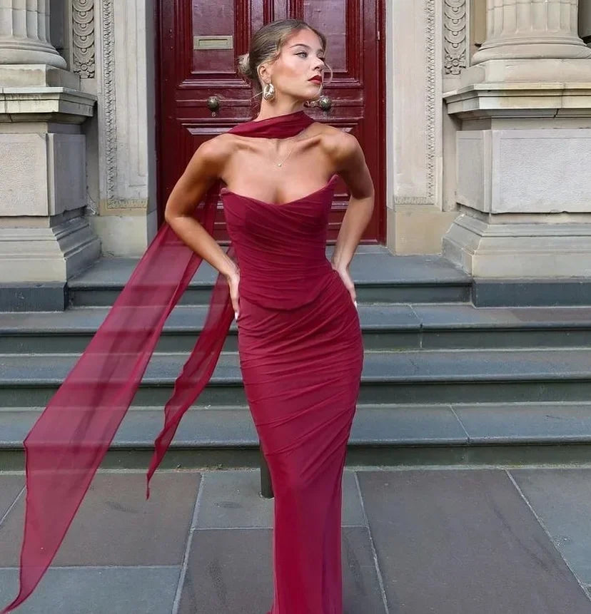🍒Two piece classy sets women strapless bodycon crop top and maxi skirt outfit formal Wedding guest party occasion wear Feminine Flatering Fit