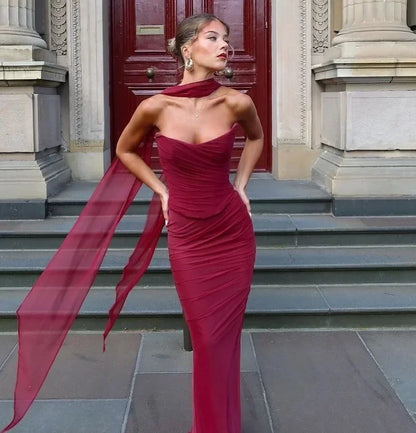 🍒Two piece classy sets women strapless bodycon crop top and maxi skirt outfit formal Wedding guest party occasion wear Feminine Flatering Fit