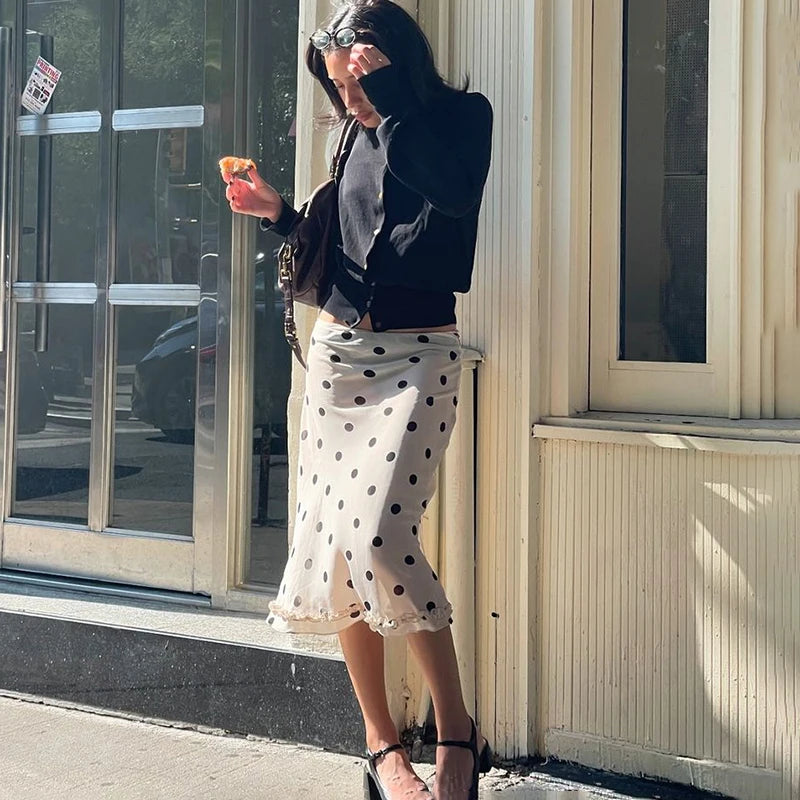 🍒Polka dot hoë middellyf romp dames chiffon kant romp oor knieë mode kantoor dame elegant a-lyn somerdrag Geen Polka-pret by hierdie Prettige Polka nie