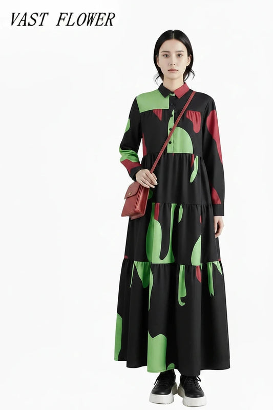 🍒Oversized vintage dress floral women casual loose autumn spring summer wear outfit midi length elegant long sleeve clothing fashion smart casual clothes Colour Cool