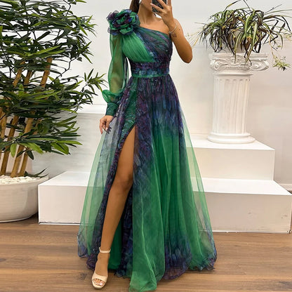 🍒High waist maxi dress Asymmetric evening dress one shoulder sleeve pleats bridesmaid outfit occasion wear party outfit Look Rosy In A Chiffon