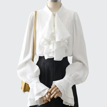 🍒Vintage blouse court style button fold flare sleeve slim pure white shirt with ruffles women elegant stand collar top female smart casual wear office clothing occasion clothing  No One Will Judge You With This Cool Court Style Blouse