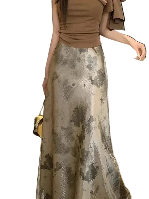 🍒Elastic satin skirt with high waist slimming mid-length floral print high-end feel fish tail skirt shiny for women Slip On A Silky Slippy