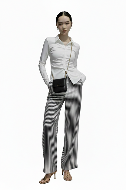 🍒Button up women's shirt top full sleeve womens blouses striped cropped shirt aesthetic elegant social chic fashion clothes