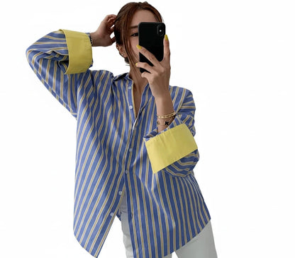 🍒Spring striped shirt loose for women fashion colour mid-length smart casual female fashion patchwork top summer clothes office wear  You wont be SOR i BET about buying this LEMON-y