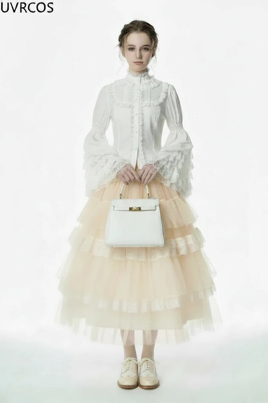 🍒Ruffle-flaremouhemp met strik op mou soet bloes Y2k estetiese ontwerper kantlappieswerk-top wit los vroulike klere slim-informele partytjiegeleentheidsklere Groot Eenvoudig Sierlik