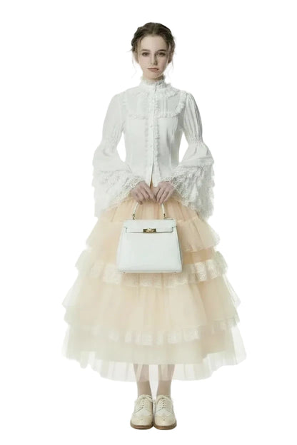 🍒Ruffle flare sleeve shirt with bow on sleeve sweet blouse Y2k aesthetic designer lace patchwork top white loose feminine clothes smart casual party occasion wear Great Simply Ornate