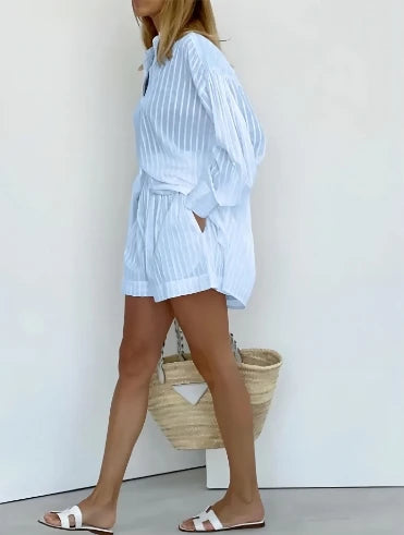 🍒女士时尚两件套，条纹泡泡袖衬衫和短裤套装，休闲服饰，穿着凉爽透气。