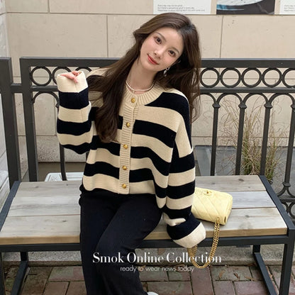 🍒 条纹女式开衫 Y2K美学甜美针织外套复古长袖毛衣 春秋款宽松休闲短款上衣 樱桃奶油条纹悦目