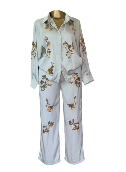 🍒Sequin two piece set long sleeve shirt top with elasticated waist party trousers smart casual clothing occasion outfit for women holiday vacation clothes for beach party Suitable Satin
