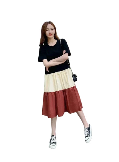 🍒T-shirt dress women colour block outfit loose fit plus size summer fashion stripe clothing stylish medium length over knee a-line fashion wear holiday wear Blocks Of Style