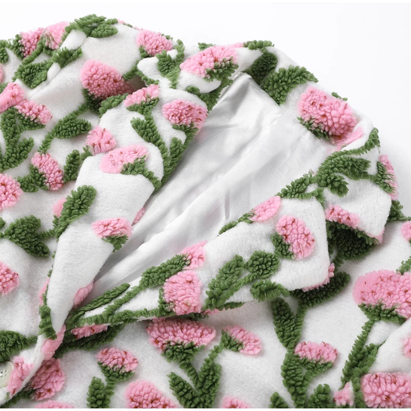 🍒Flower fleece jacket woman loose lapel long sleeve coat single breasted casual coat unique 3D floral outerwear clothing  Floral Fashion Fun Fleece