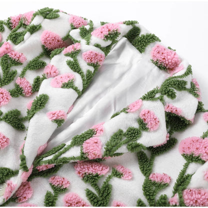 🍒Flower fleece jacket woman loose lapel long sleeve coat single breasted casual coat unique 3D floral outerwear clothing  Floral Fashion Fun Fleece