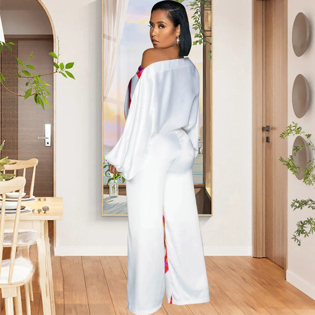🍒One side off shoulder jumpsuit pants and top one piece print long sleeve rompers casual high waist wide leg pants overalls loose fit elegant office wear party wear occasion outfit