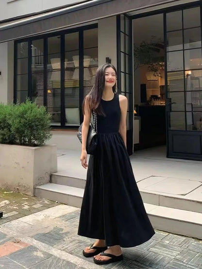 🍒Lang rokke hoë middellyf somer ronde hals maxi rok moulose vrouemode eenvoudige styl elegante lang swart uitrusting slim gemaklike drag