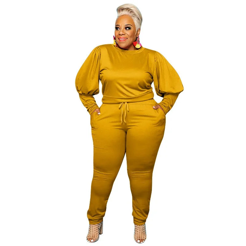 🍒Plus size sets for women two piece pant suit sport style puff sleeve clothing women solid colour long sleeve top and pant fitted two piece sets smart casual clothing L-4XL Sport A Puff