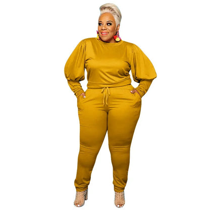 🍒Plus size sets for women two piece pant suit sport style puff sleeve clothing women solid colour long sleeve top and pant fitted two piece sets smart casual clothing L-4XL Sport A Puff