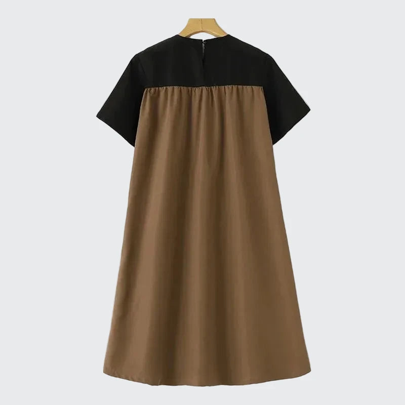 🍒Street style fashion dress t-shirt style short sleeve round neck outfit smart casual women's patchwork and pocket summer wear Patch Up Your Fashion And pocket the Change