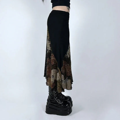 🍒Irregular floral pattern midi skirt casual high waist long skirt elasticated waist mixed media fashion clothing smart casual wear women
