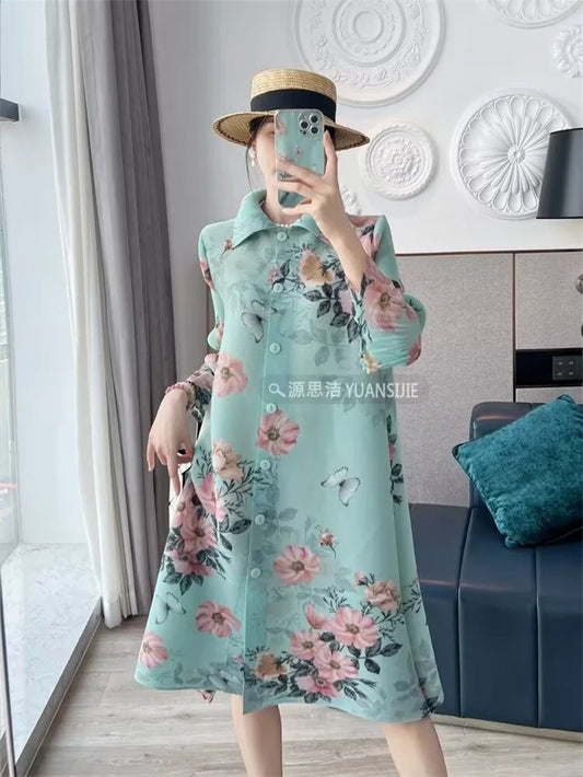 🍒Evening dresses  holiday fashion printed  spring/summer outfits floral pleated long dress loose fit a-line smart casual clothing women