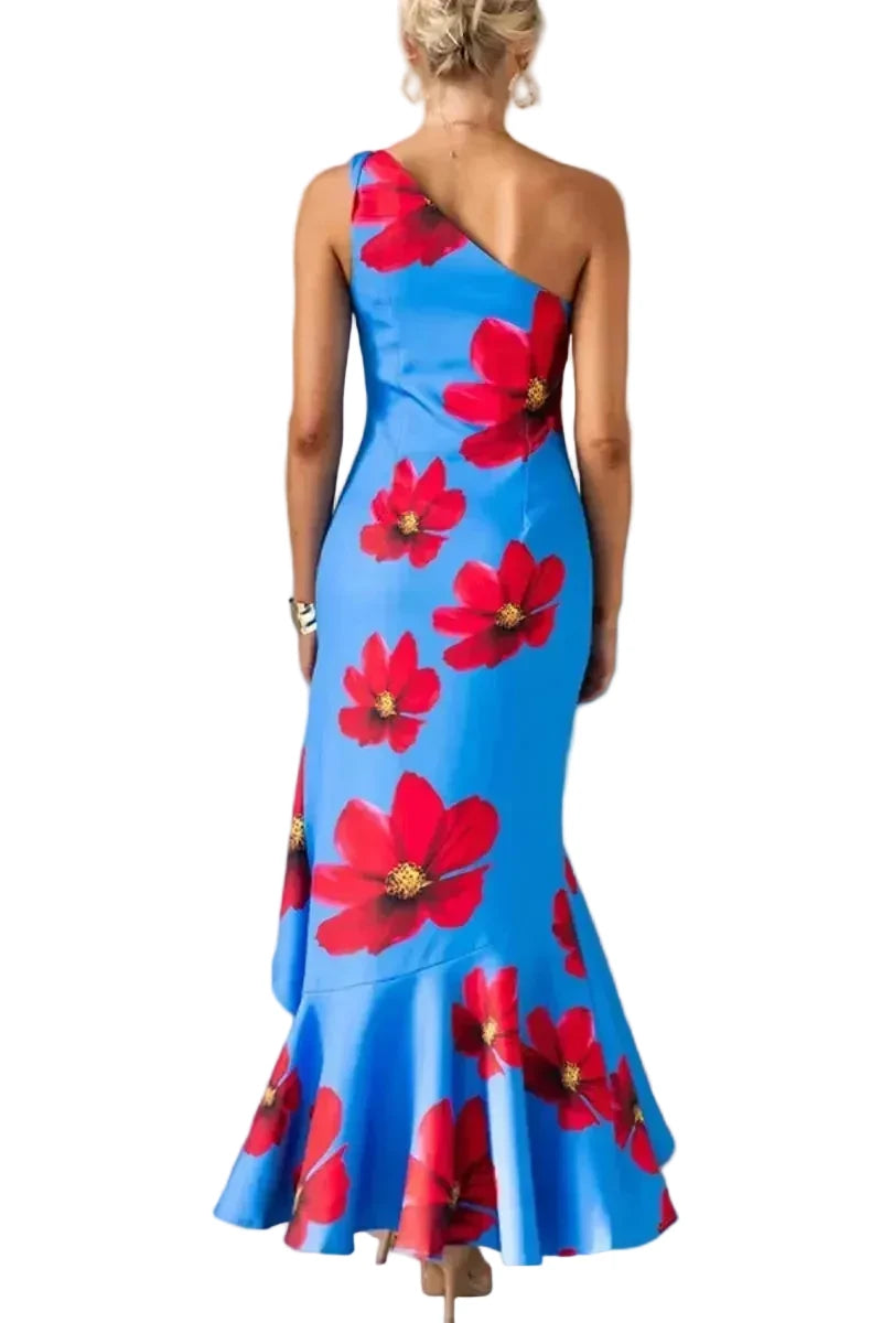 🍒One shoulder sleeveless dress summer fashion for women Irregular bohemian vacation outfits floral print fashion with ruffle hem outfits long   No Puff, Get Out Ruffs