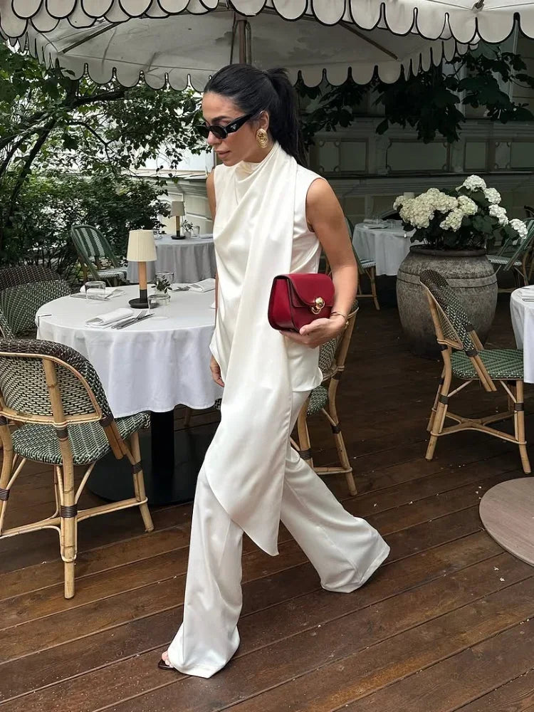 🍒White satin two piece set silk outfits Irregular fashion sleeveless party wear long tops for women  and high waist trouser suit part occasion wear Get A Fashion Angle
