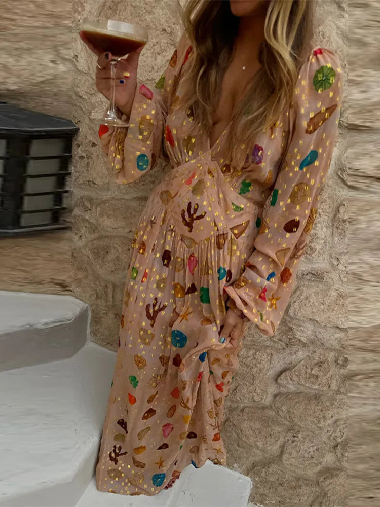 🍒Maasrok vir vroue met V-nek, langmou, drapeer-maxi-uitrusting, boho somerpartytjieklere, geleentheidrokke Hierdie diamant Is Goud