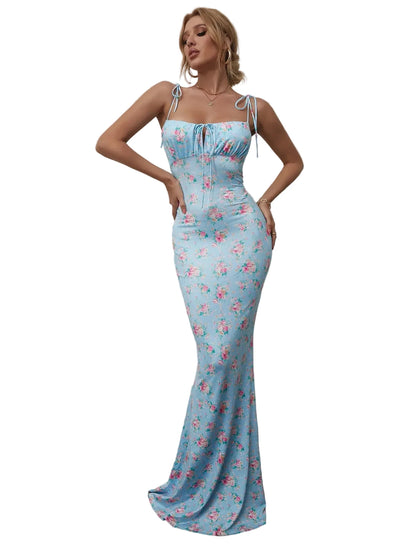 🍒Spaghetti strap foral bodycon  dress with balconette womens flower outfit for summer party club long dresses for women No Fork For This Fish Dish