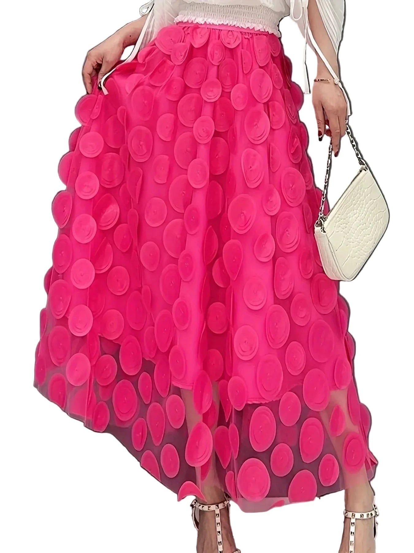 🍒Womens polka dot 3D design tulle mesh skirt retro elastic waist long length a-line occasion wear beach party wear street fashion feminine street wear You Will Be Dotty About These Spots