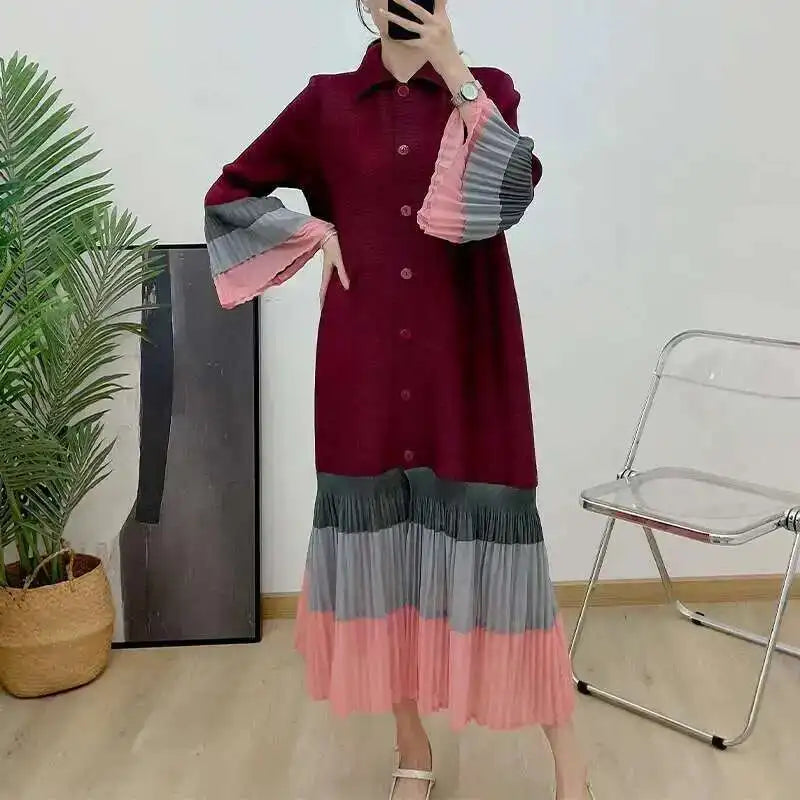 🍒Ruffle pleated midi dress lapel button and flared sleeve women fashion single breasted loose outfit contrast colour