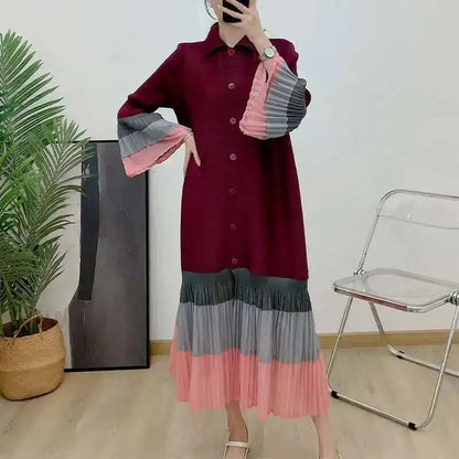 🍒Ruffle pleated midi dress lapel button and flared sleeve women fashion single breasted loose outfit contrast colour