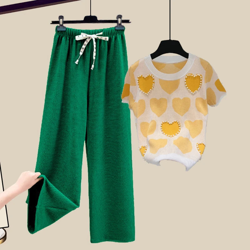 🍒Tweedelige stelpak elegante gebreide t-hemp met liefdeshartjie-top vir vroue en gemaklike wyebeenbroekstelle elegante gemaklike klere huisdrag klere Hou van Hierdie Stel