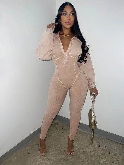 🍒Distressed Jumpsuit v-neck  solid ribbed skinny one piece long sleeve casual autumn trendy outfits simple activity streetwear Look Optimistcally Colouful In Distress