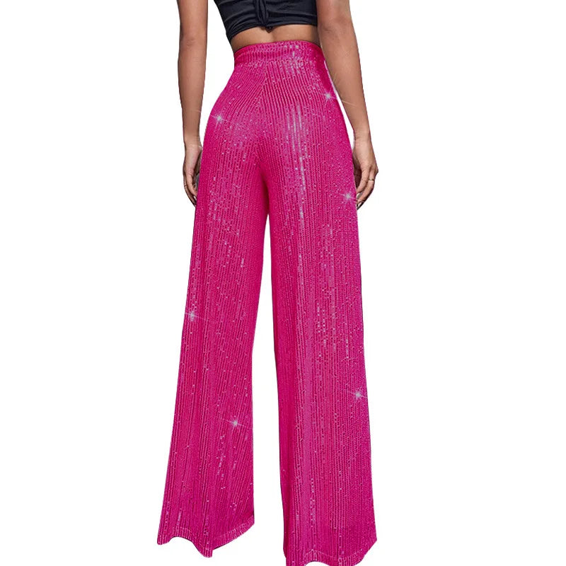 🍒Hoë middellyf sequin-broeke vonkel los gemaklike wyepypbroek klokonderkant-broeke glinster klubdrag partytjiedrag Alles Vonkel In Glans En Glans
