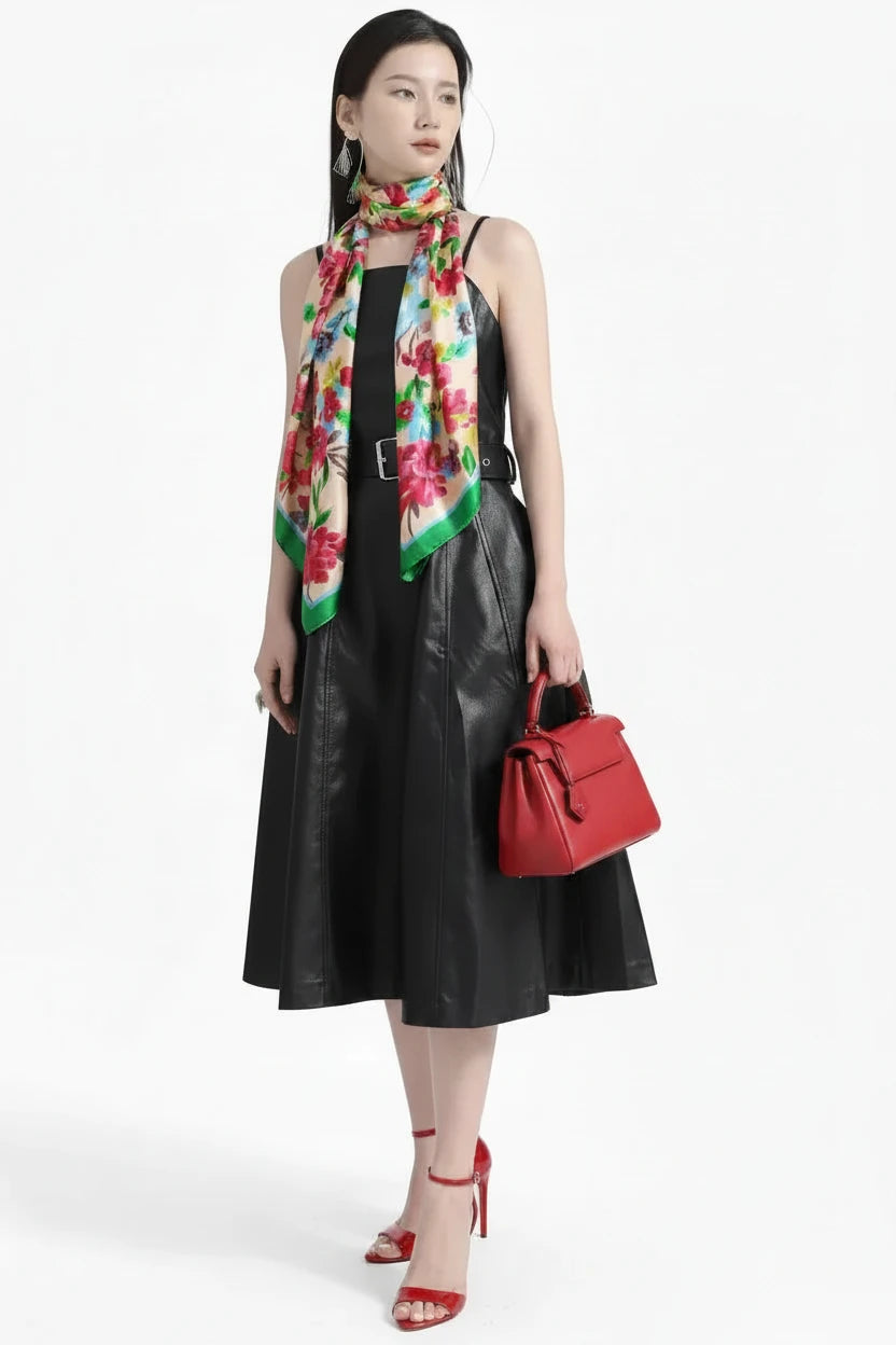 🍒Black faux leather dress spaghetti strap pu outfit with zip front sleeveless belted midi a-line dress party occasion wear sleeveless wear for women Like A Biker