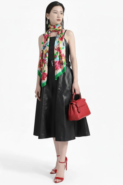 🍒Black faux leather dress spaghetti strap pu outfit with zip front sleeveless belted midi a-line dress party occasion wear sleeveless wear for women Like A Biker