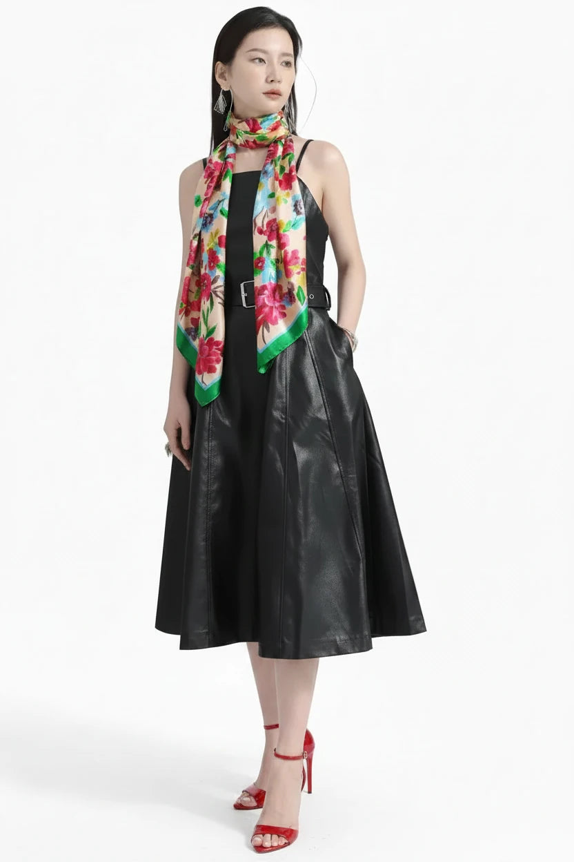 🍒Black faux leather dress spaghetti strap pu outfit with zip front sleeveless belted midi a-line dress party occasion wear sleeveless wear for women Like A Biker